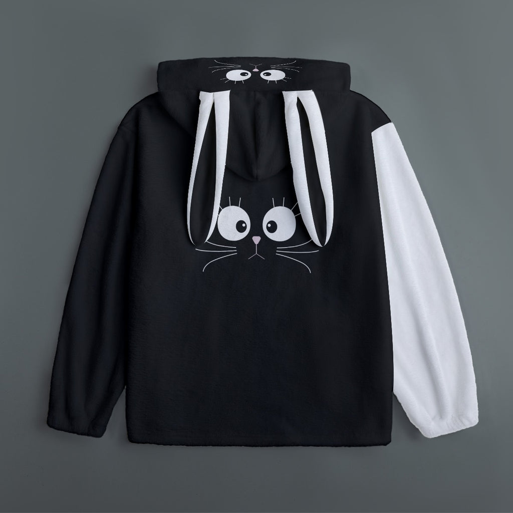Kawaii Cat Bunny Ear Hoodie – Black and White Fleece Zip Up Jacket