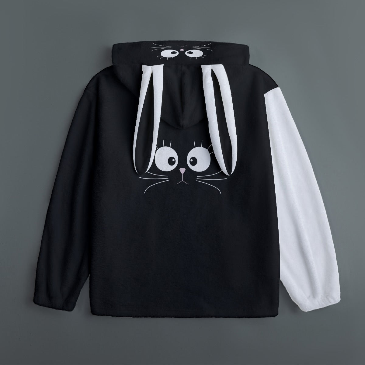 Kawaii Cat Bunny Ear Hoodie – Black and White Fleece Zip Up Jacket