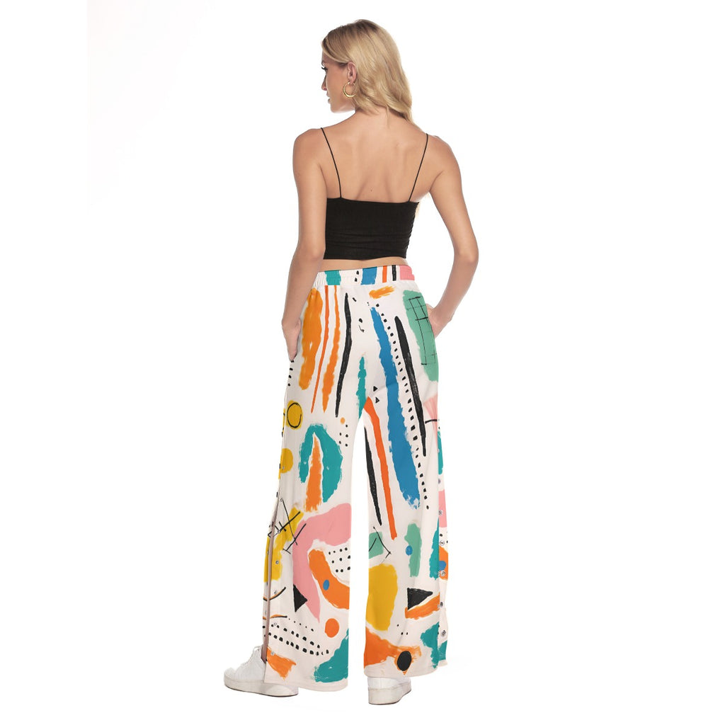 Abstract Side Slit Palazzo Pants – Colorful Wide Leg Snap Button Trousers