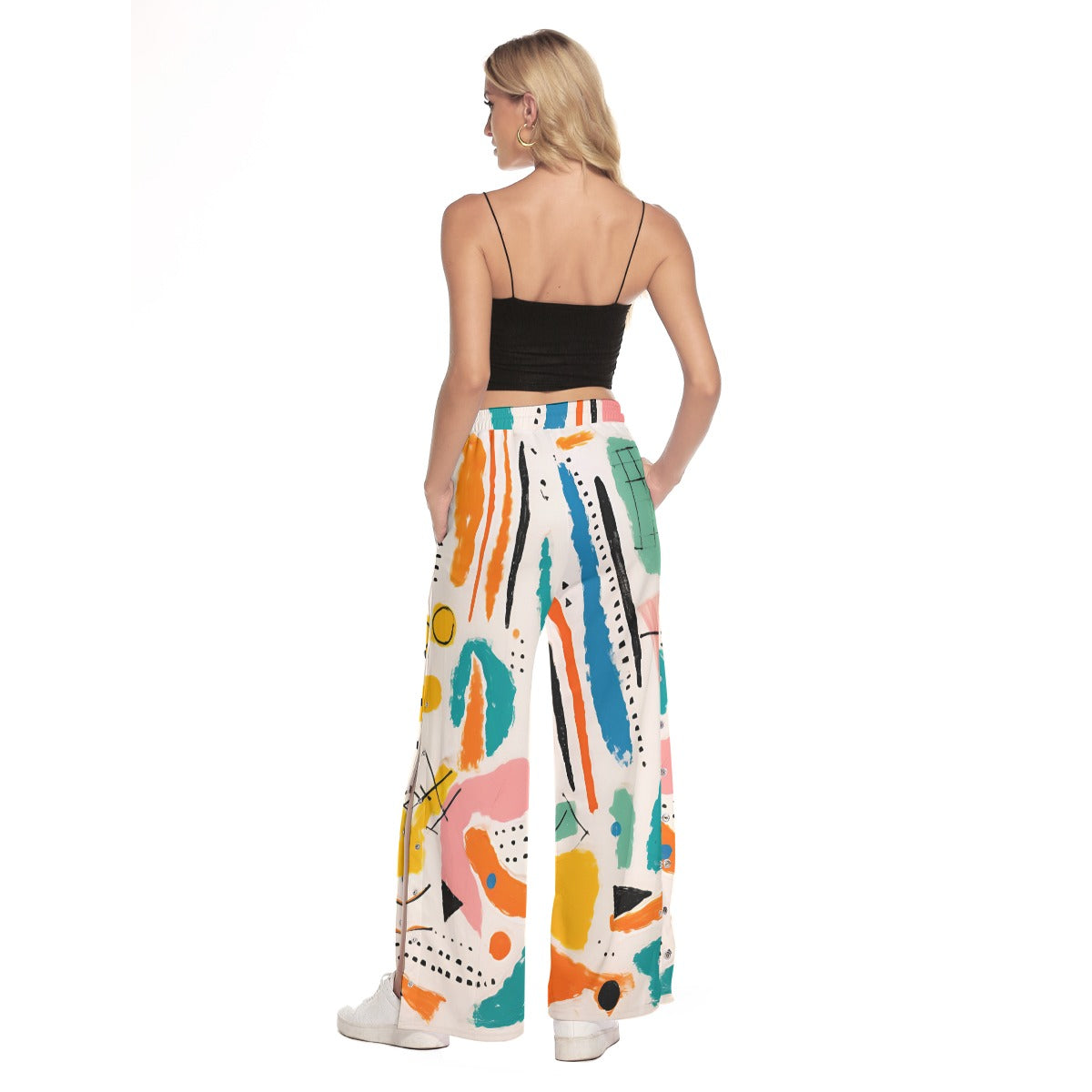 Abstract Side Slit Palazzo Pants – Colorful Wide Leg Snap Button Trousers