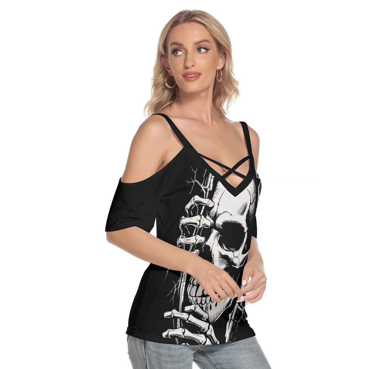 Gothic Skull Cold Shoulder Strappy Top
