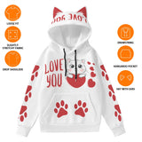 Love You Cat Hoodie - White Pullover with Red Paw Prints & Decorative Ears, Kawaii Animal Sweatshirt
