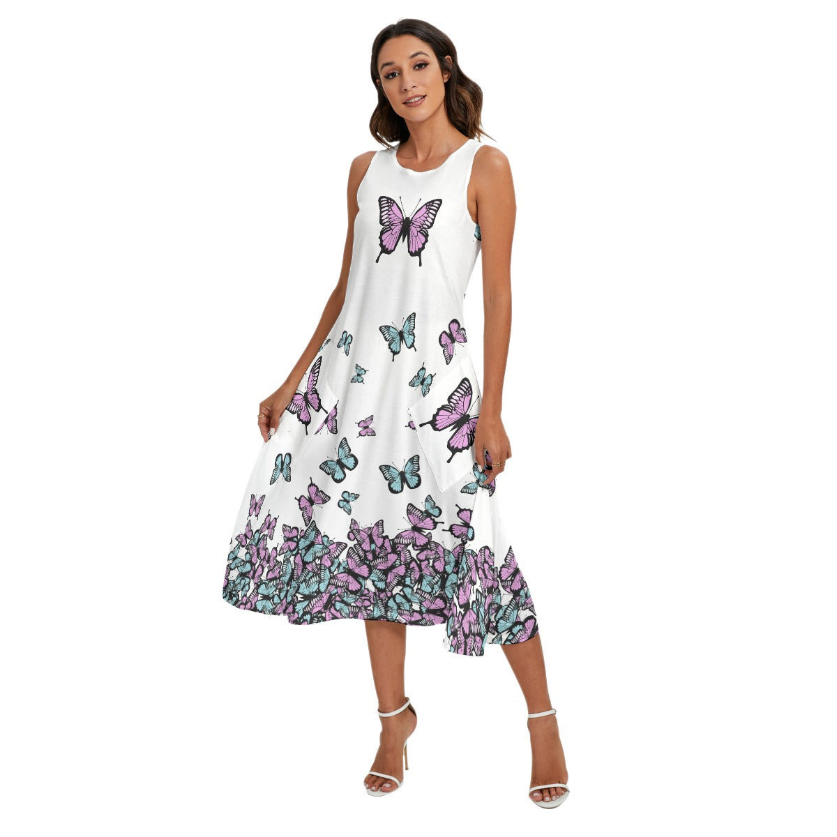 Butterfly Maxi Dress – Sleeveless Pastel Pocket Dress