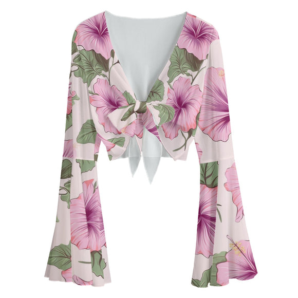 Kawaii Heaven Women's Hibiscus Print Lace-Up Bell Sleeve Mesh Crop Top Blouse