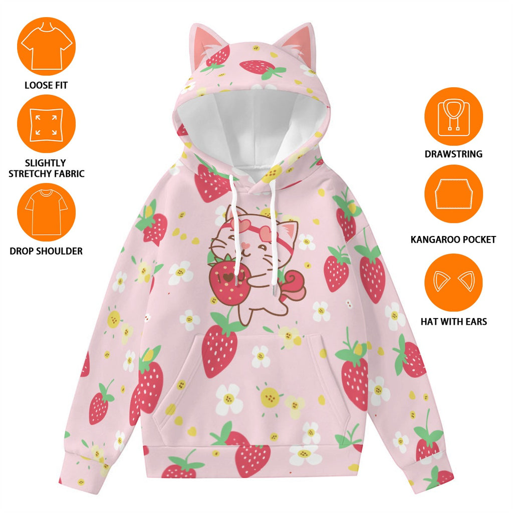 Kawaii Strawberry Cat Hoodie, Pink Anime-Inspired Pullover with Decorative Ears and Cute Print