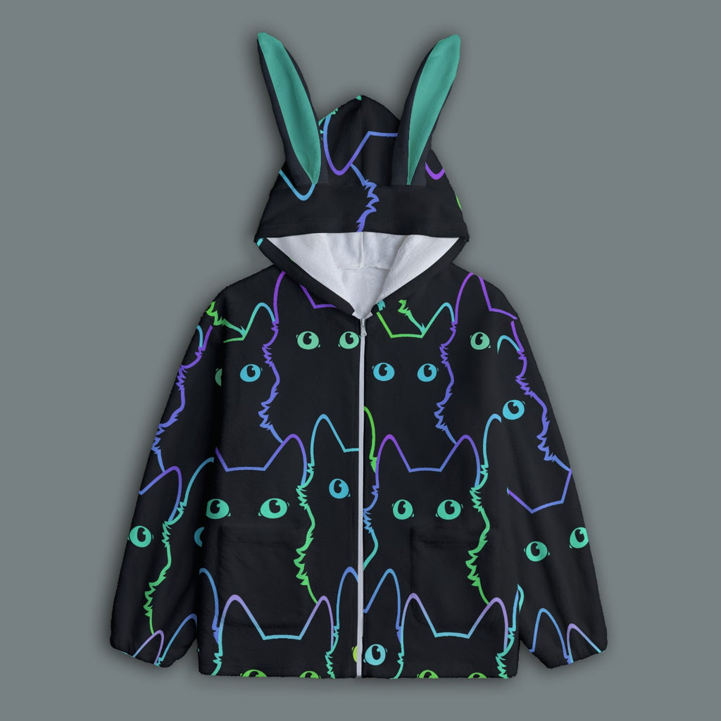 Neon Cat Bunny Ear Hoodie – Cute Black Fleece Zip Up Jacket
