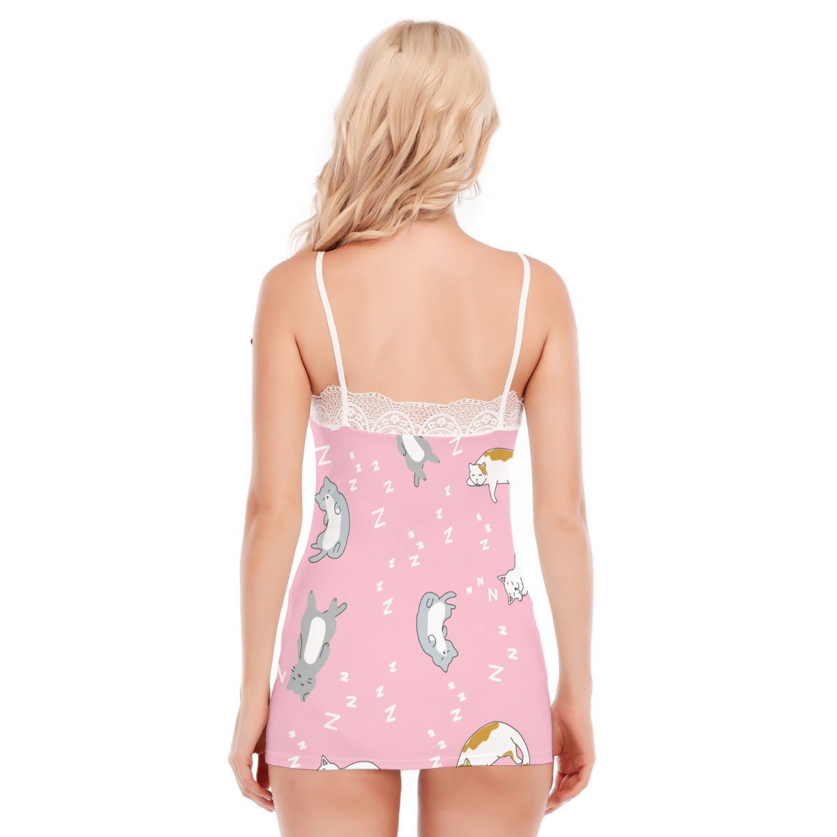 Kawaii Sleepy Cats Women's Sexy Lace Edge Pajama Set | Microfiber Fabric
