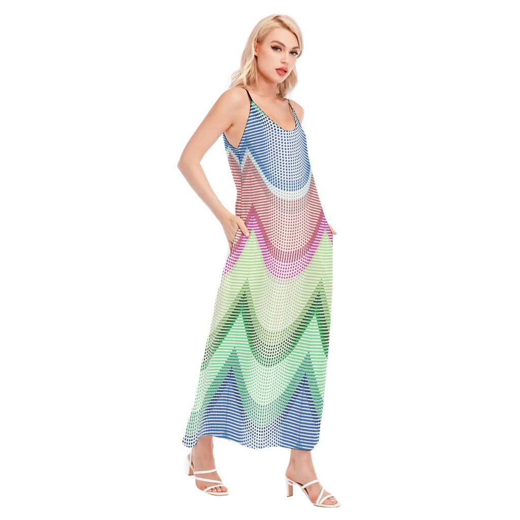 Rainbow Wave Maxi Dress – Colorful Geometric Spaghetti Strap Dress