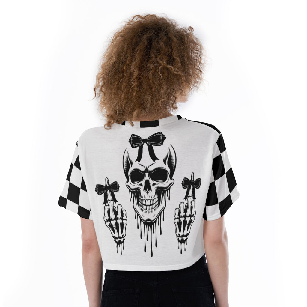 Gothic Skull Crop Top – Black & White Checkered Alt Graphic Tee