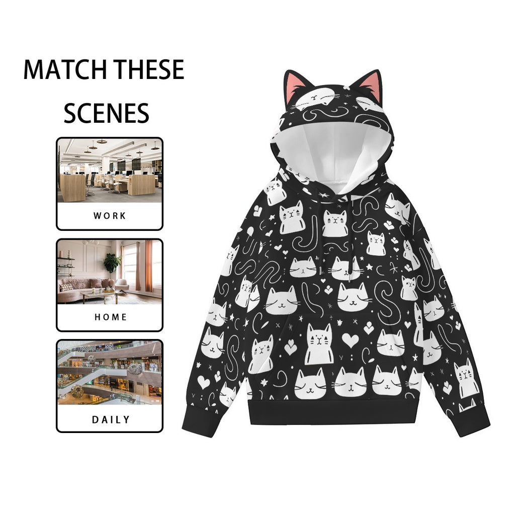 Kawaii Heaven Women's Midnight Meow Hoodie with Cat Ears - Black & White Transfer Print