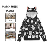 Kawaii Heaven Women's Midnight Meow Hoodie with Cat Ears - Black & White Transfer Print