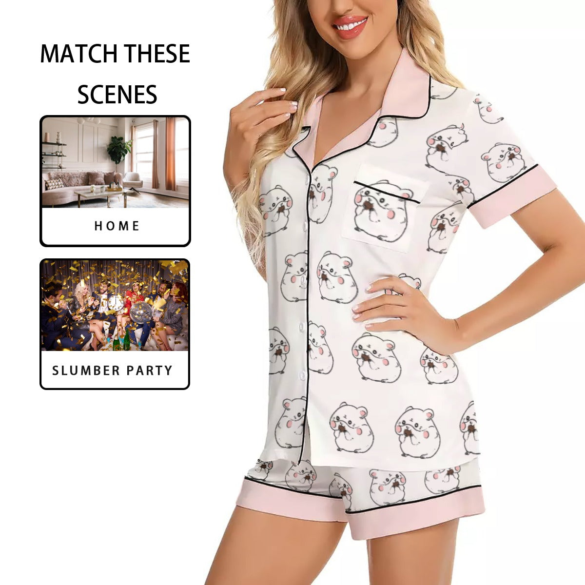 Kawaii Heaven Women's Short Sleeve Hamster Print Pajama Set in Imitation Silk