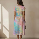 Pastel Rainbow Midi Dress – V Neck Elegant Summer Dress