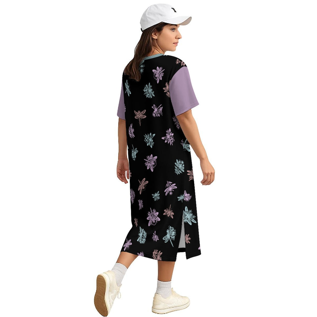Dragonfly Cotton Midi Dress – Nature Inspired T-Shirt Dress with Side Slits - 180GSM Cotton