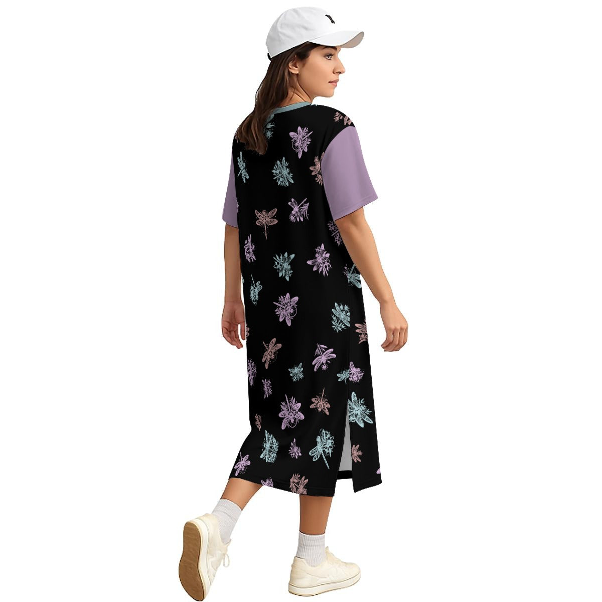 Dragonfly Cotton Midi Dress – Nature Inspired T-Shirt Dress with Side Slits - 180GSM Cotton