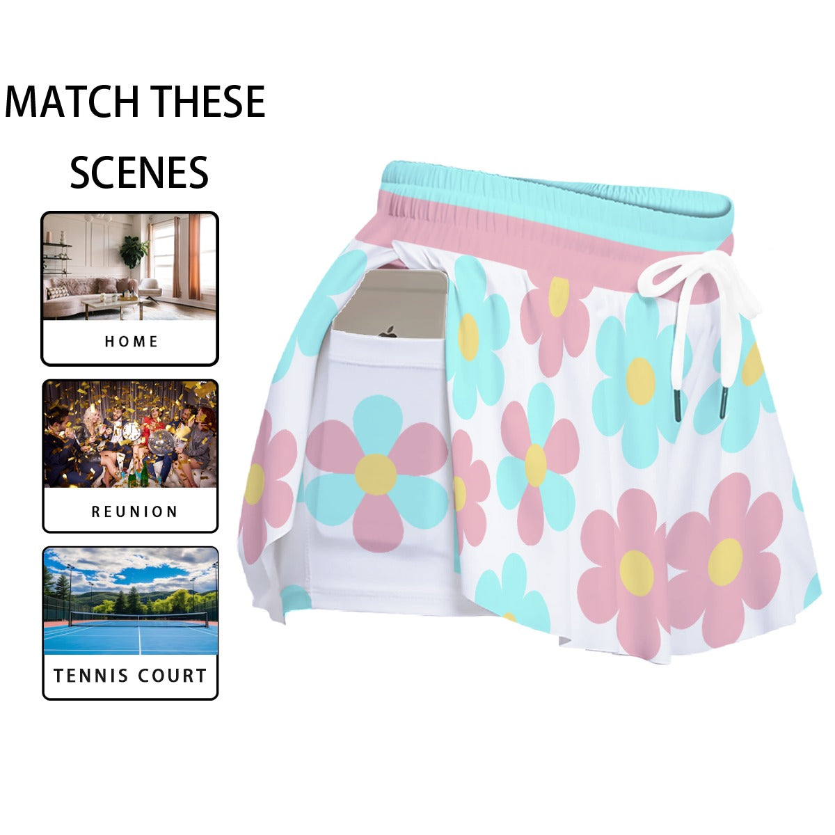 Kawaii Heaven Women's Sport Skort with Pocket - Pastel Flower Print