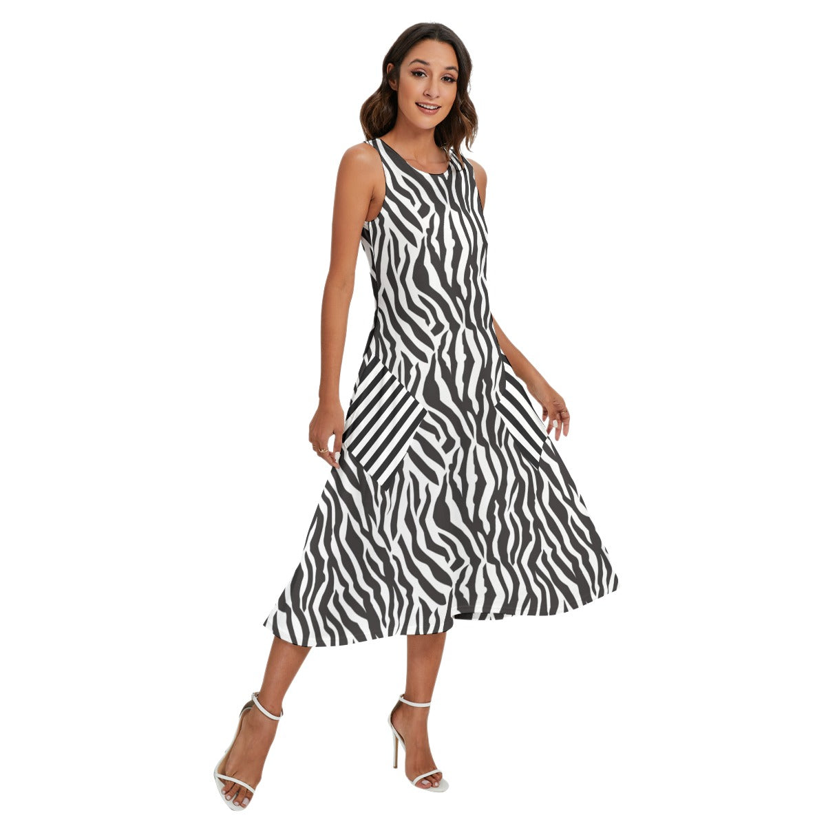 Zebra Print Maxi Dress – Sleeveless Casual Pocket Dress