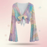 Pastel Galaxy Mesh Tie Front Top – Sheer Bell Sleeve Blouse