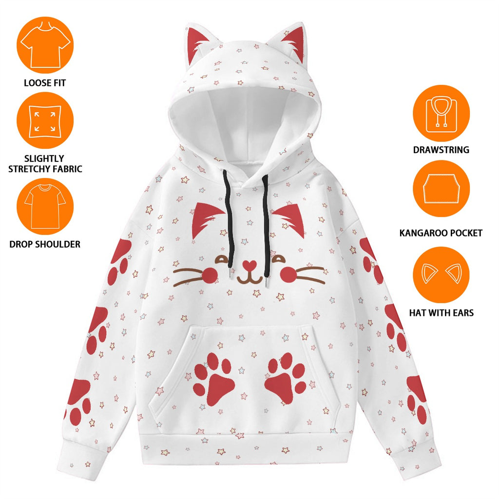 Kawaii Heaven Women's Cat Ear Hoodie with Red Paw Print Design