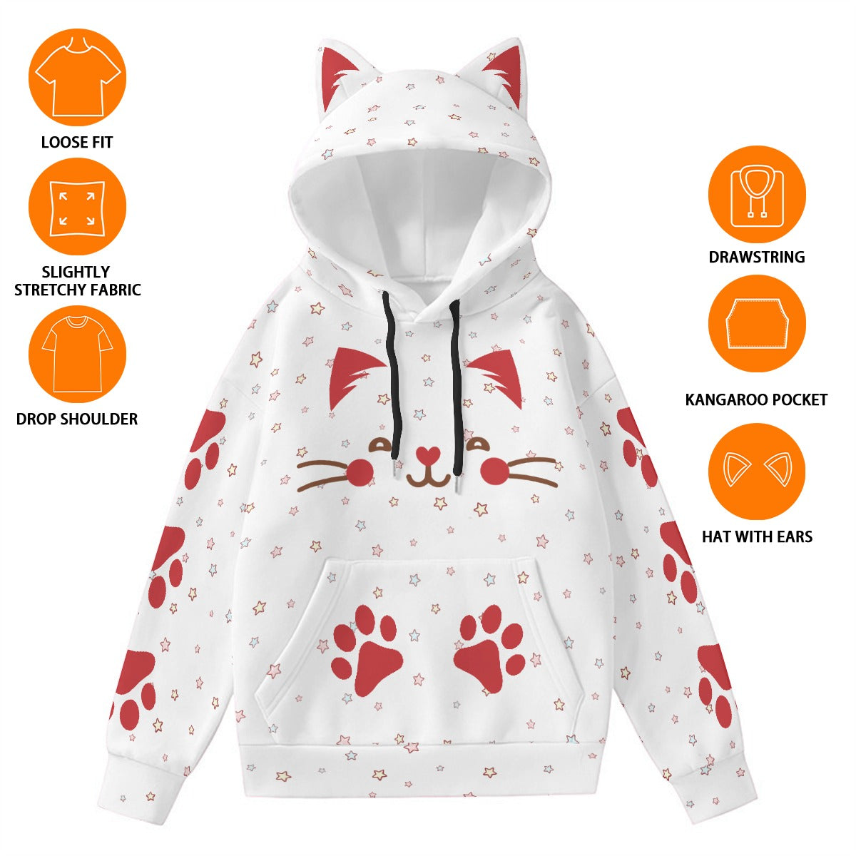 Kawaii Heaven Women's Cat Ear Hoodie with Red Paw Print Design