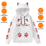 Kawaii Heaven Women's Cat Ear Hoodie with Red Paw Print Design