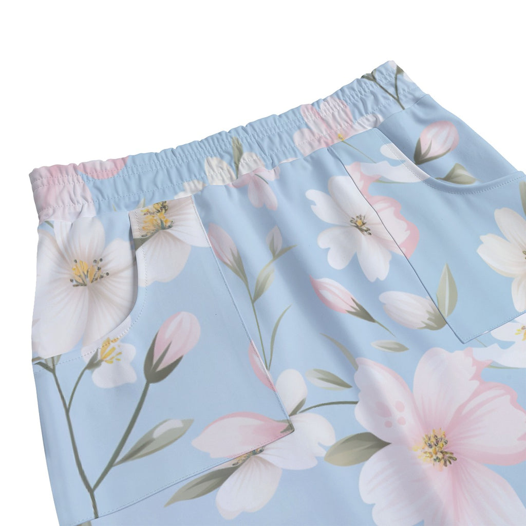 Pastel Blue Floral Pencil Skirt with Pockets