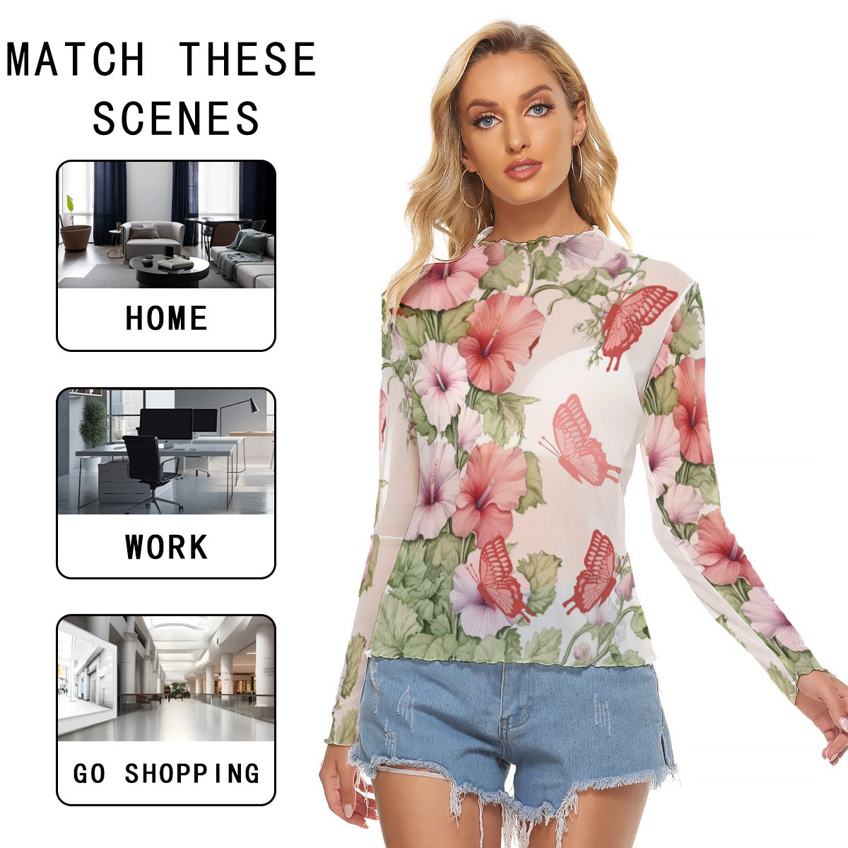 Floral Butterfly Mesh Long Sleeve T-Shirt for Women - Sexy Sheer Top with Pink Hibiscus Print