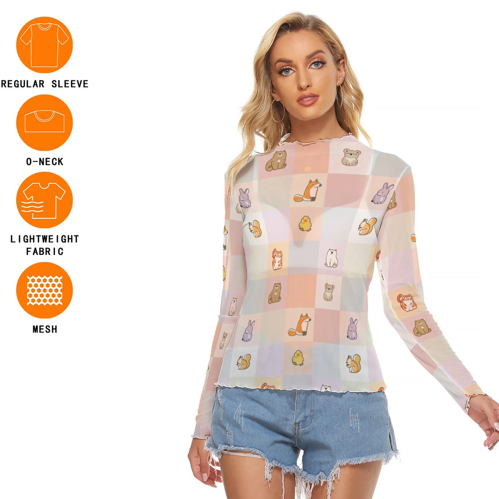 Women's Kawaii Animal Mesh Long Sleeve T-shirt, Breathable & Stylish