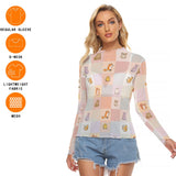 Women's Kawaii Animal Mesh Long Sleeve T-shirt, Breathable & Stylish
