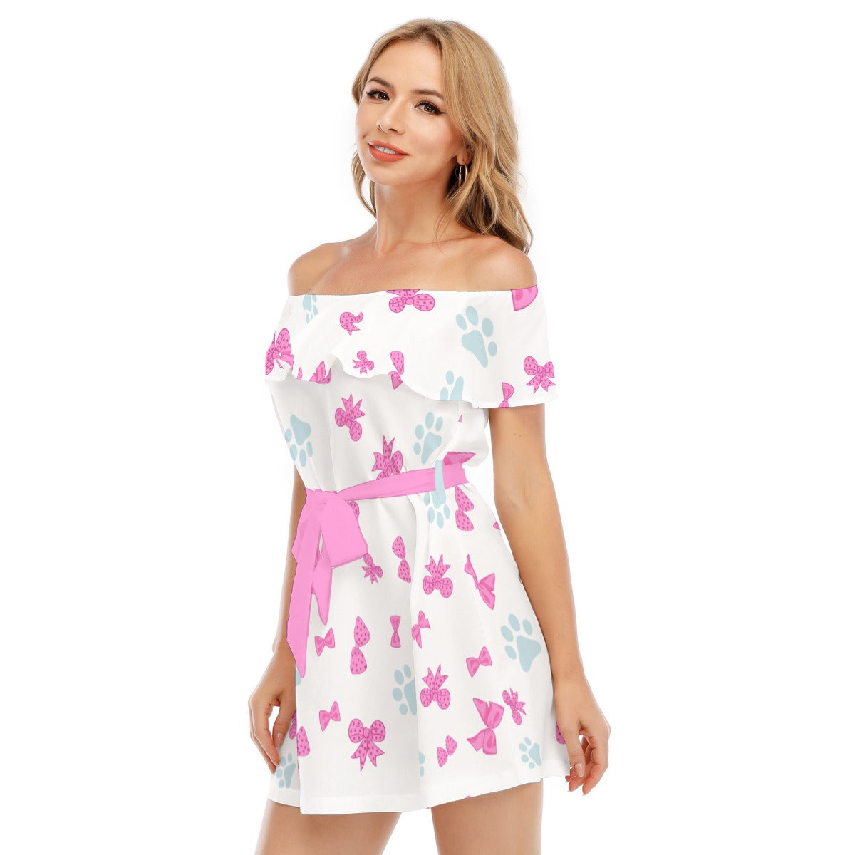 Off Shoulder Chiffon Dress with Bow Print – Lightweight Summer Mini Dress