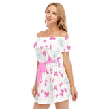 Off Shoulder Chiffon Dress with Bow Print – Lightweight Summer Mini Dress