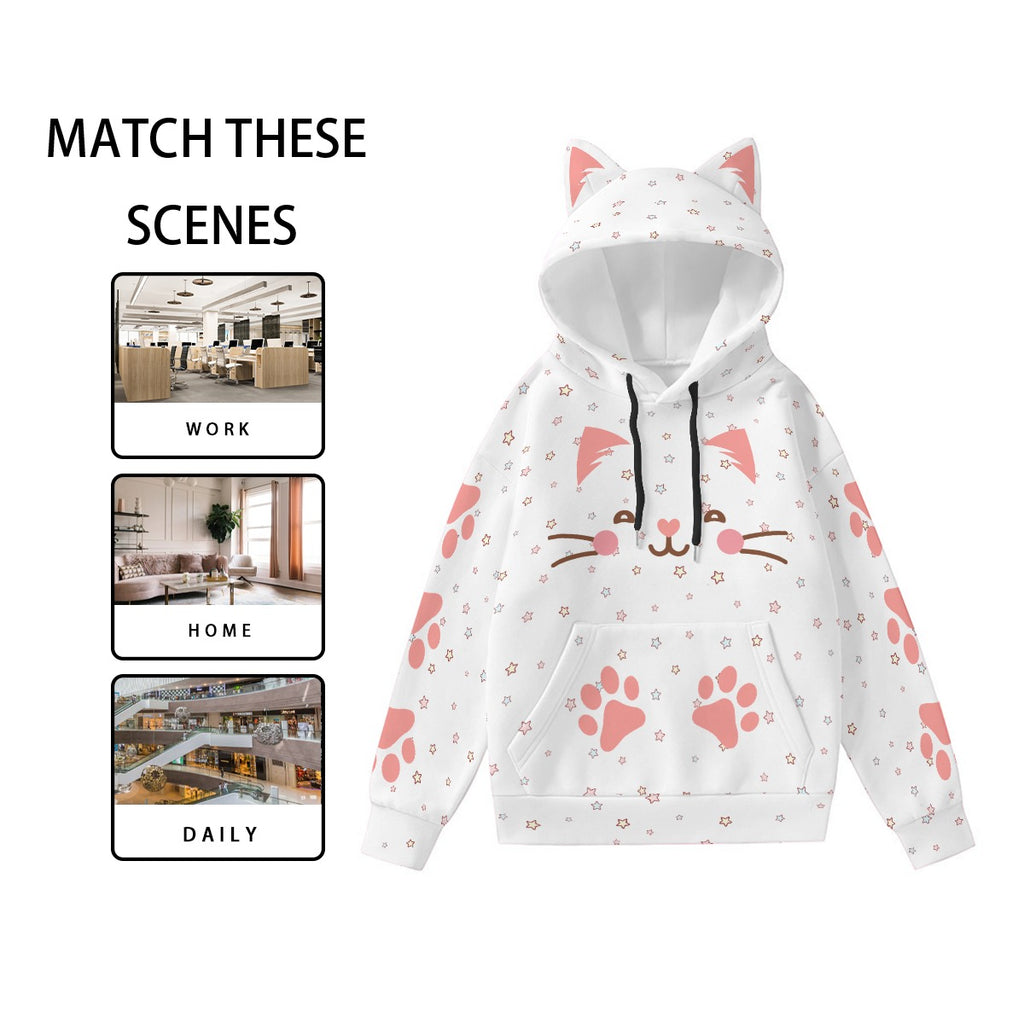 Kawaii Heaven Women's Cute Cat Ear Hoodie with Pink Paw Print