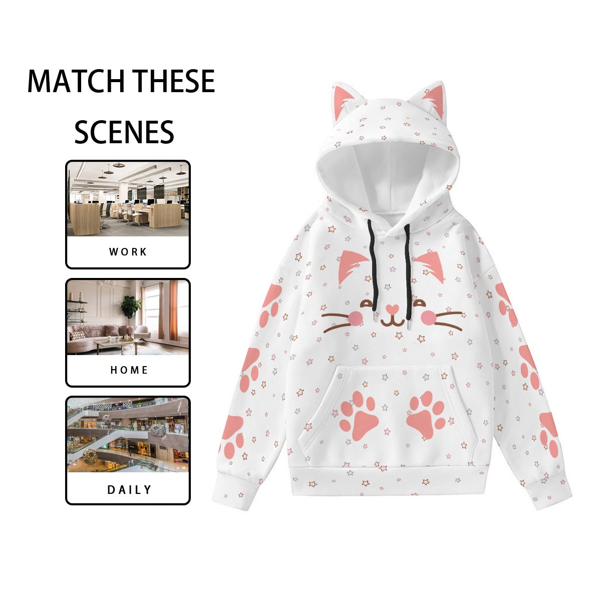 Kawaii Heaven Women's Cute Cat Ear Hoodie with Pink Paw Print