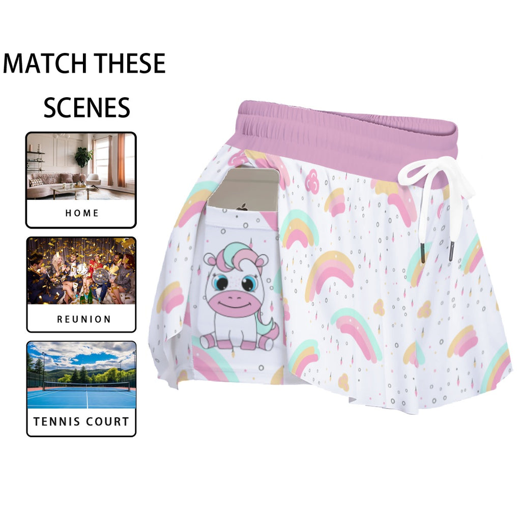 Kawaii Heaven Rainbow Unicorn Women's Sport Skorts - White Drawstring Athletic Skorts with Side Pockets
