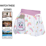 Kawaii Heaven Rainbow Unicorn Women's Sport Skorts - White Drawstring Athletic Skorts with Side Pockets