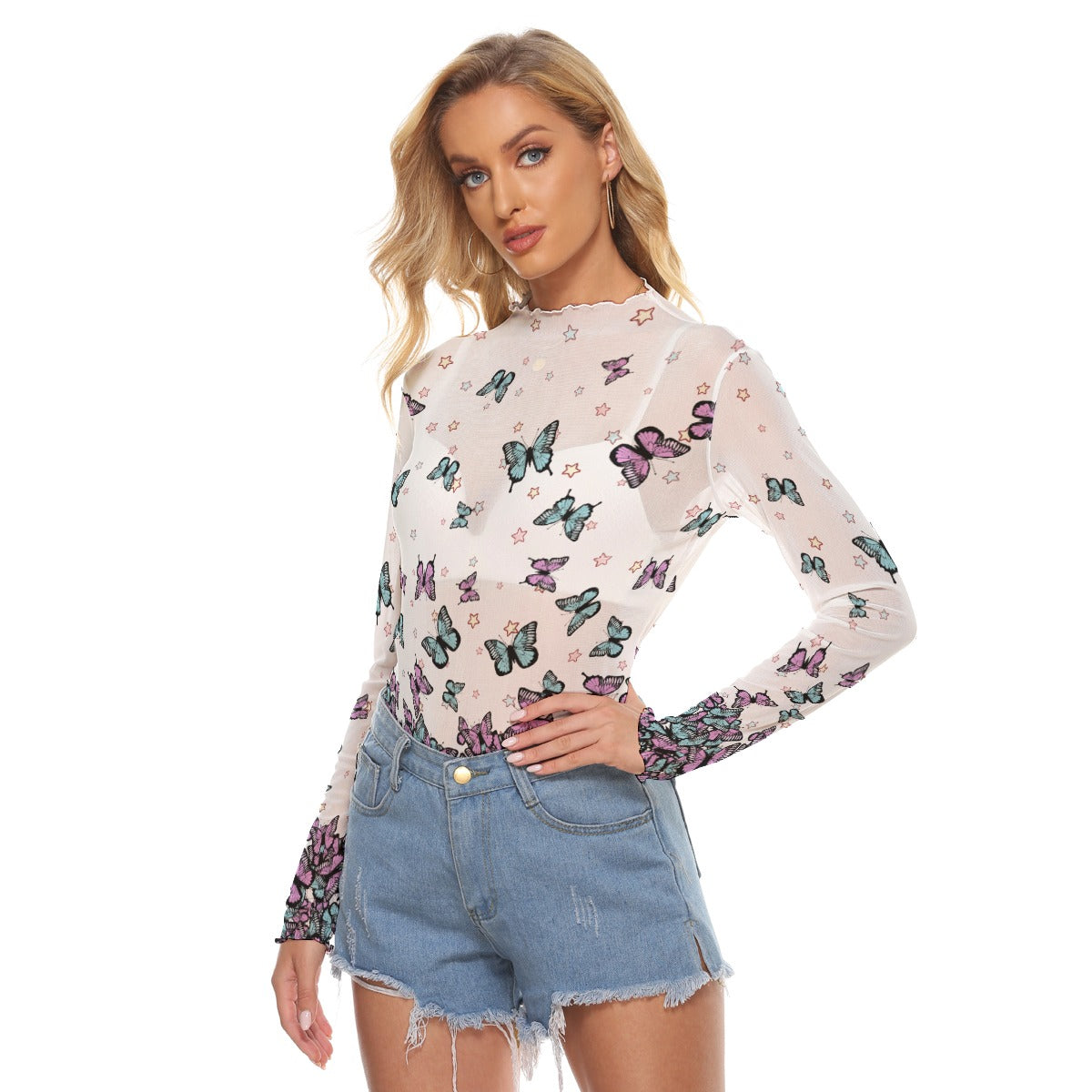 Kawaii Heaven Women's Butterfly Mesh Long Sleeve T-Shirt - Sexy Festival Layering Top