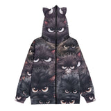 Dark Cat Zip Hoodie with Ears – Full Zip Graphic Jacket