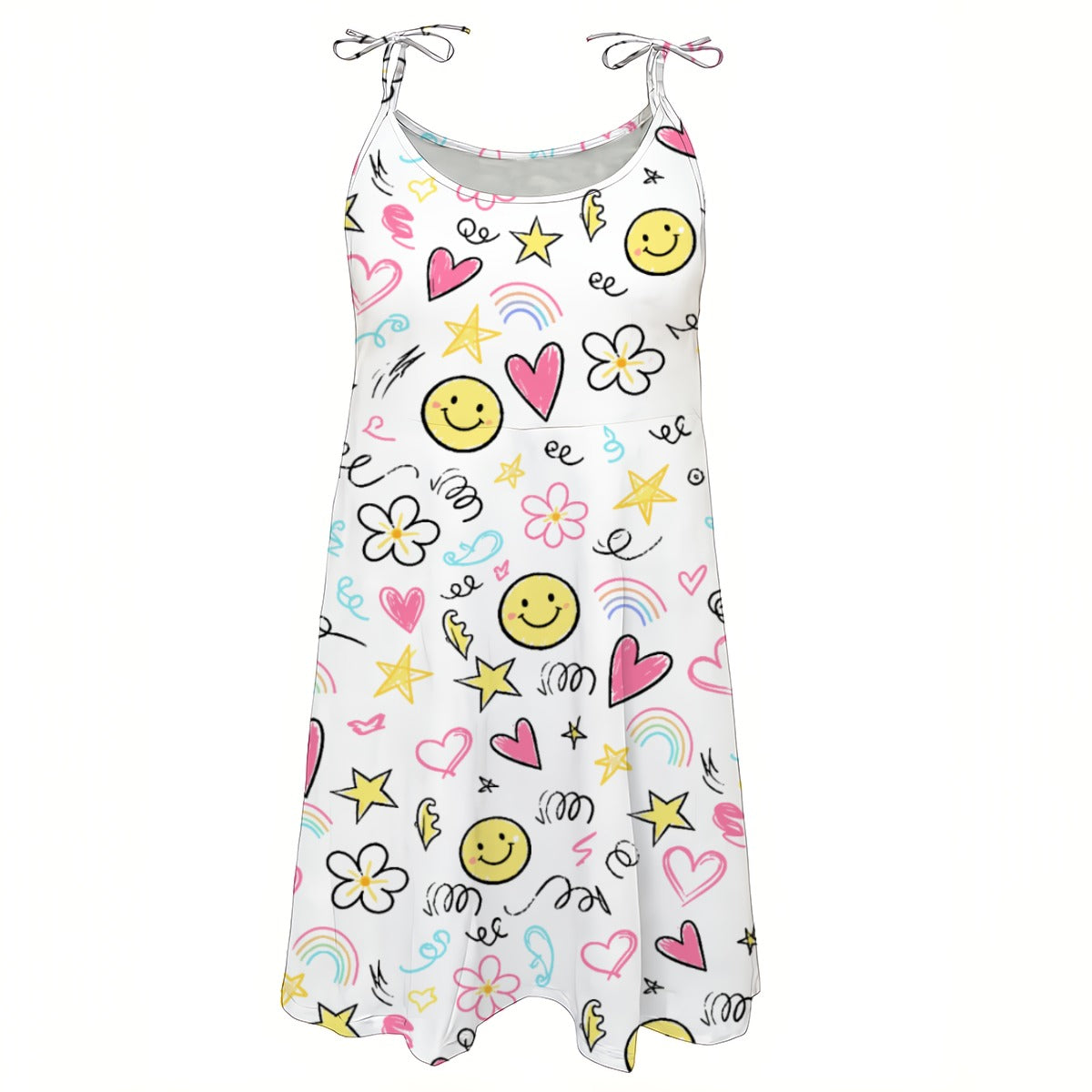 Cute Smiley Print Mini Dress – Colorful A-Line Summer Beach Dress