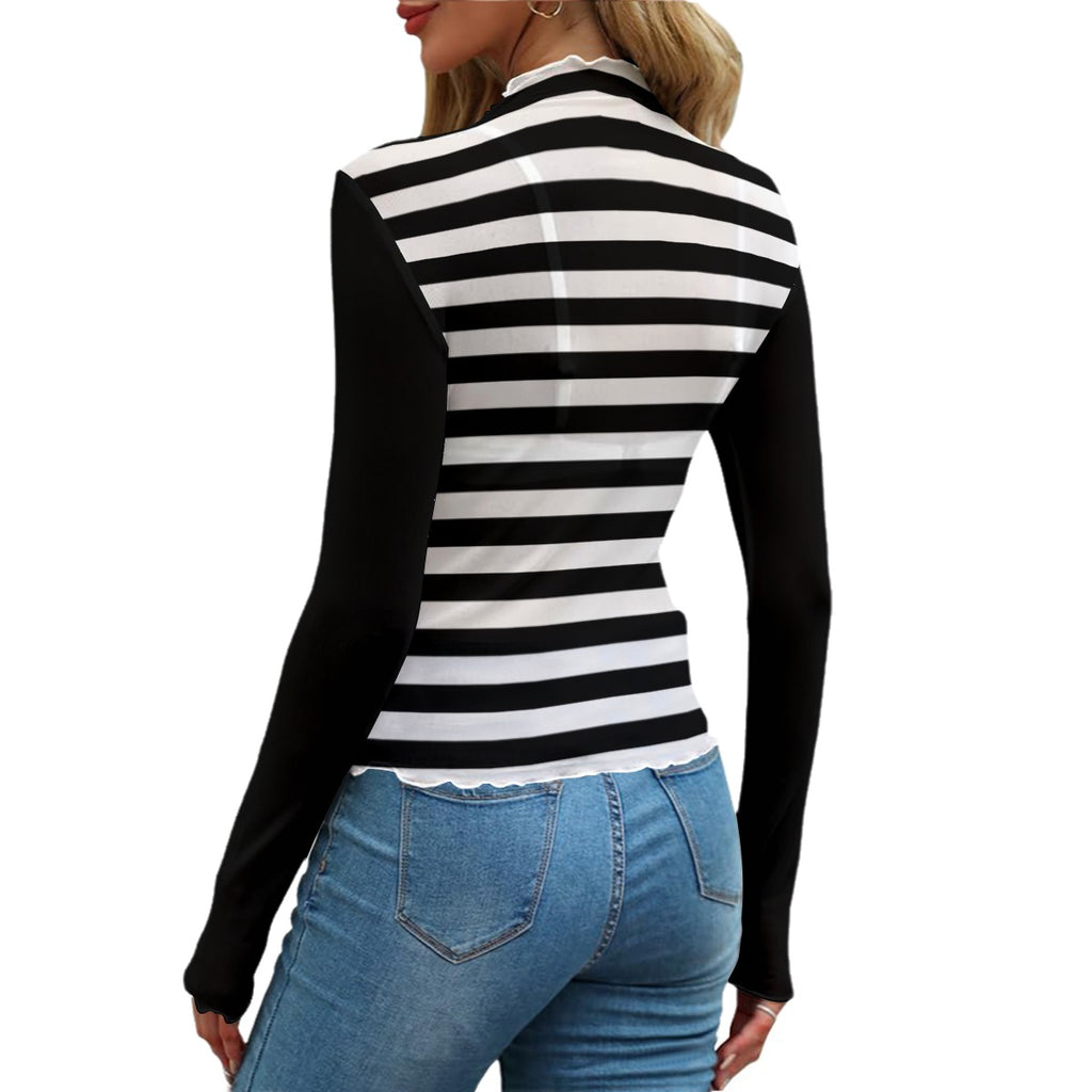 Black and White Striped Mesh Top – Women’s Butterfly Heart Long Sleeve