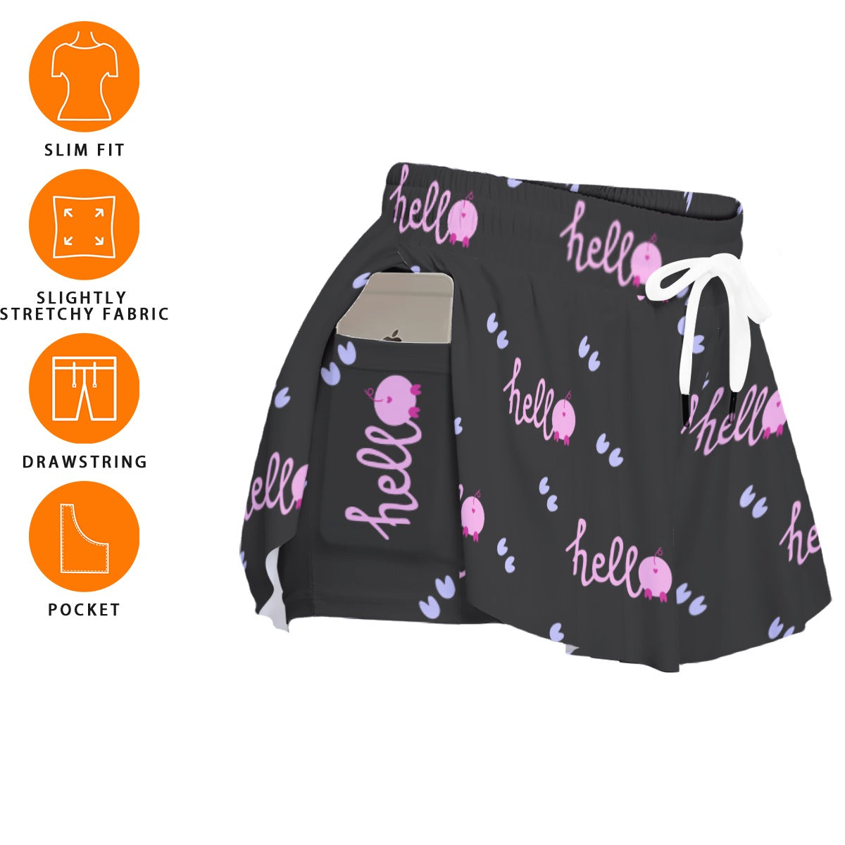 Kawaii Hello Print Women's Athletic Skorts with Pockets - Soft Microfiber Sport Skirt Shorts
