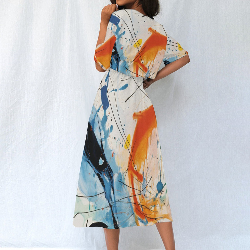 Paint Splash Abstract Midi Dress – Women’s Elastic Waist Casual Wear