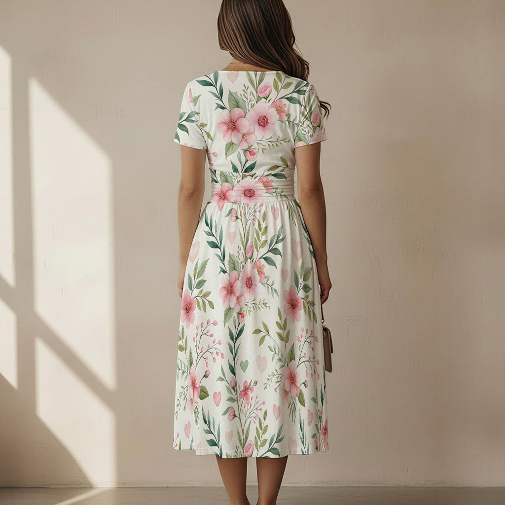 Floral Midi Dress with V-Neck – Elegant Summer Fit & Flare Dress