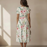 Floral Midi Dress with V-Neck – Elegant Summer Fit & Flare Dress