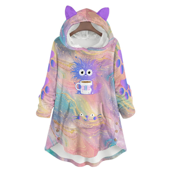 Cute Cat Ear Pastel Hoodie – Cozy Coffee Monster Flannel Sweatshirt