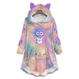 Cute Cat Ear Pastel Hoodie – Cozy Coffee Monster Flannel Sweatshirt