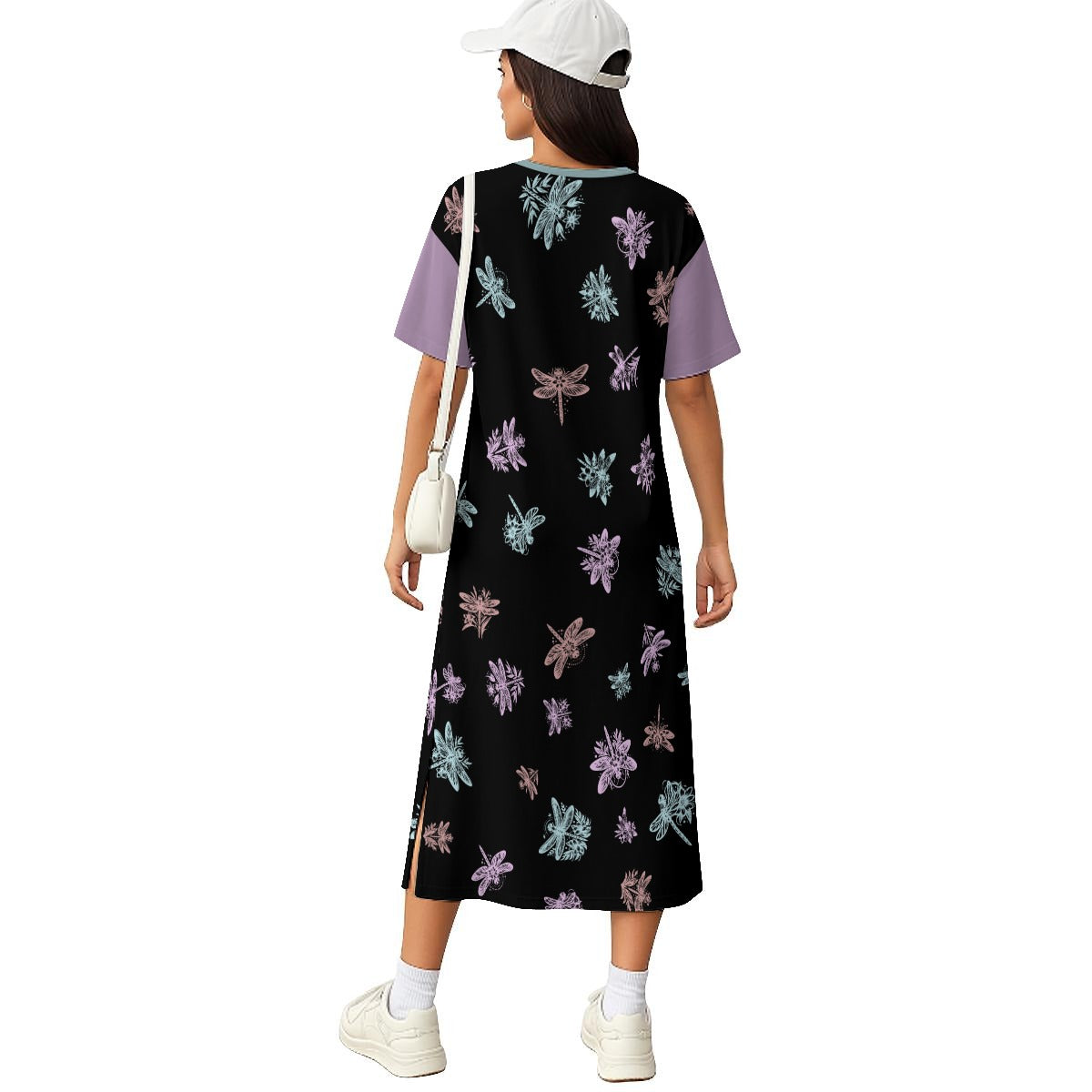 Dragonfly Cotton Midi Dress – Nature Inspired T-Shirt Dress with Side Slits - 180GSM Cotton