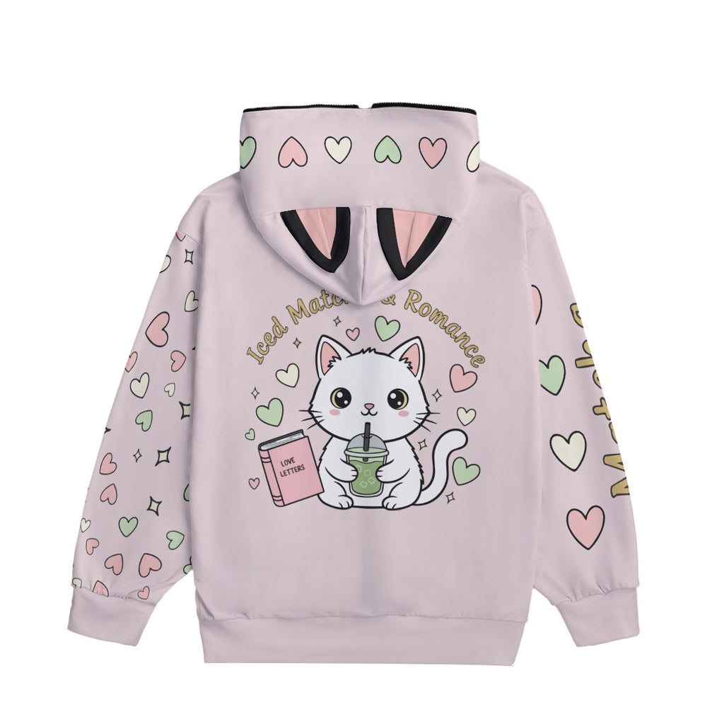 Matcha Reading Cat Ear Zip-Up Hoodie