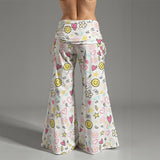 Kawaii Smiley Face Wide Leg Pants – High Waisted Flowy Doodle Print Pants for Women