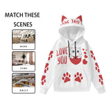 Love You Cat Hoodie - White Pullover with Red Paw Prints & Decorative Ears, Kawaii Animal Sweatshirt