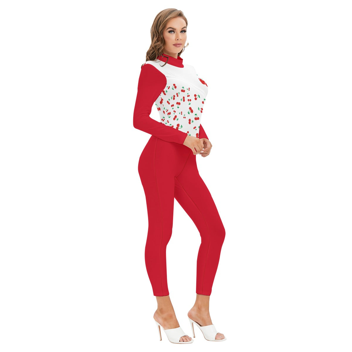 Cherry Print Red Long Sleeve Jumpsuit